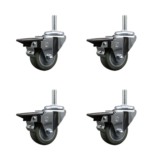 3 Inch Gray Polyurethane Wheel Swivel 34 Inch Threaded Stem Caster Set with Brake SCC